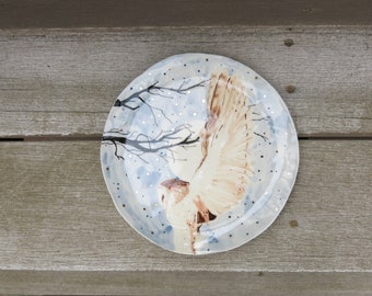 Ceramic Woodland Night Owl Hand Drawn Fine Art Plate One of a Kind Gift Idea Home Decor, Handmade Artisan Pottery by Licia Lucas Pfadt
