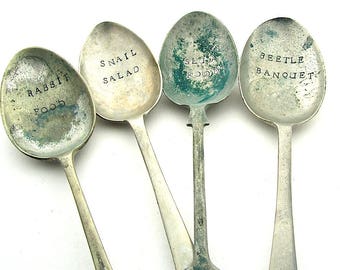 Funny Vegetable Garden Labels, Large Hand Stamped Mismatched Vintage Serving Spoons, Rustic Plant Markers, Gardener Gift