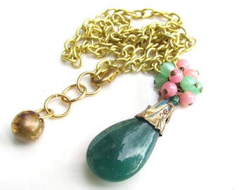 Antique Chinese Peking Glass Pendant with Kingfisher Feather Fragments on Gold Chain Necklace
