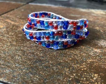 Red, White and Blue Triple Wrap Hemp Bracelet, Beaded Wrap Bracelet, Beaded Bracelet, Hemp Bracelet, Hemp Wrap Bracelet