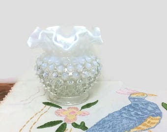 Fenton Hobnail Vase, White Opalescent Ruffled Edge, Vintage Art Glass