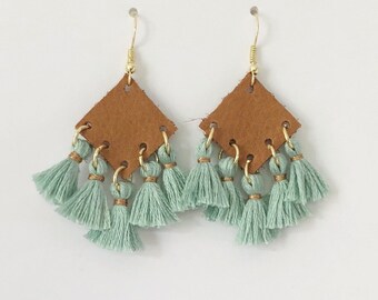 cognac leather & mint tassel earrings