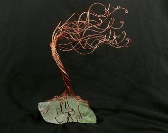XL Jewelry Tree Organizer Lt. Green Glass & Copper Wire Tree # 1431 Steampunk, Vintage, Valentine's Day, 7th Anniversary, Mother's Day Gift