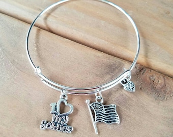 I Love My Soldier Silvertone Expandable Charm Bracelet