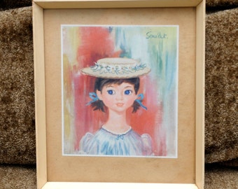 vintage big eye art GIRL with a HAT framed wall decor by Soulet