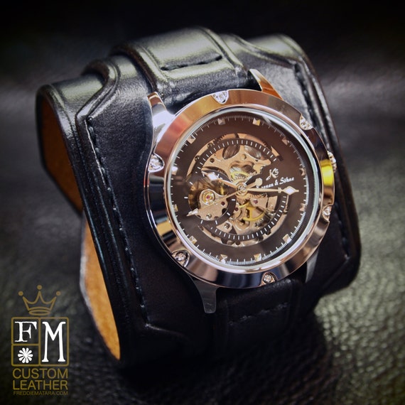 Black Leather Skeleton cuffwatch Slick Triple layer vintage style Wide layered leather watch band Hand made in USA for YOU by Freddie Matara
