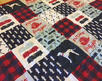 Baby Quilt Crib Quilt Crib Bedding Baby Boy Patchwork Style Quilt Fire Fighter Fire Truck Firefighter Red Blue