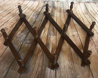 Vintage wooden Accordion Expanding Mug Coat Rack Wall Decor Farmhouse Mid Century