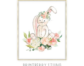 Woodland Nursery Decor, Animal Nursery Wall Art, Bunny Nursery Decor, Blush Nursery Art, Rabbit Nursery Art, Printable Nursery Art