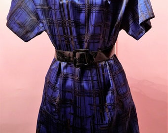 80s Satin Cobalt Blue and Black Plaid Dress Size 18