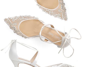 Low Heel Comfortable crystal embellished and beaded wedding shoes heels with ankle straps Bella Belle Frances