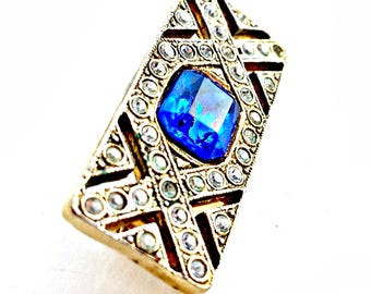 Art Deco Rhinestone Brooch Sapphire Blue