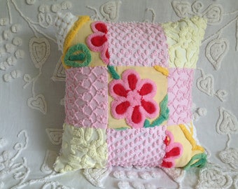 Pillow Cover Vintage Chenille Pink and Yellow Patchwork..16 x 16"