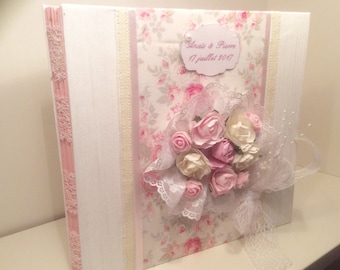 "Bridal bouquet" romantic wedding guest book white and pink