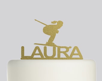 Birthday Cake Topper - Girl Skiing Ski NAME Cake Topper - Custom Cake Topper - Happy Birthday - Personalised with your Name.581