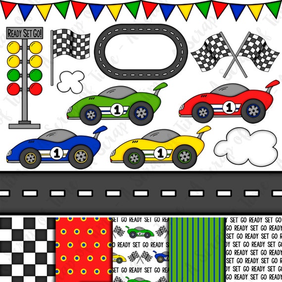 Race Car Hand Drawn Digital Clipart & Paper Set of 17 Race