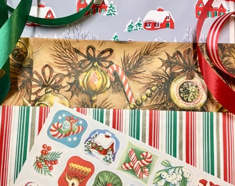 Vintage Christmas Wrapping Paper Ribbon Seals Mid-century 1950s