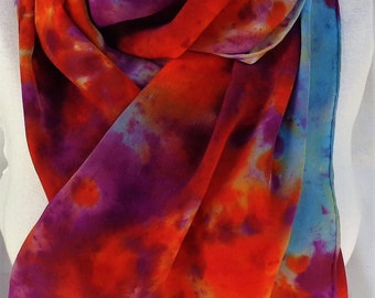 silk crepe scarf extra long hand painted Sunset Nebula wearable art women wrap luxury orange purple blue morgansilk