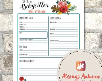 instant downloadable babysitter information sheet