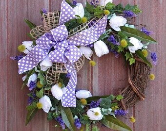 Sumer Front Door Wreath, Spring Wreath, Housewarming Wreath, Bridal Shower Wreath, Tulip Wreath, Rustic Grapevine Wreath, Farmhouse Decor