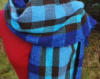 Handmade woven scarf in blues
