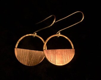 Hammered brass and copper leaf imprint earrings