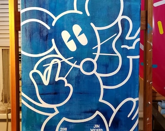 HAPPY RAT NO 0007 Unframed 16 x 20 Acrylic Painting on Canvas Blue and White Abstract