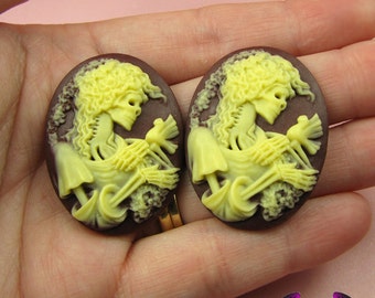 2 pc VICTORIAN ZOMBIE with DOVE Lolita Skeleton Maroon Resin Cameos 30x40mm cabochons