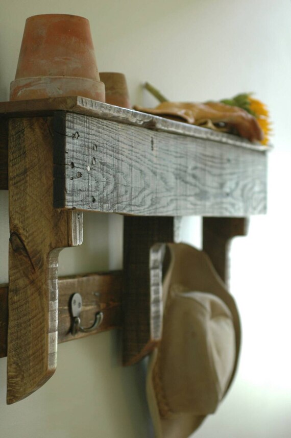 Pallet wood shelf with hooks rustic reclaimed wood shelf