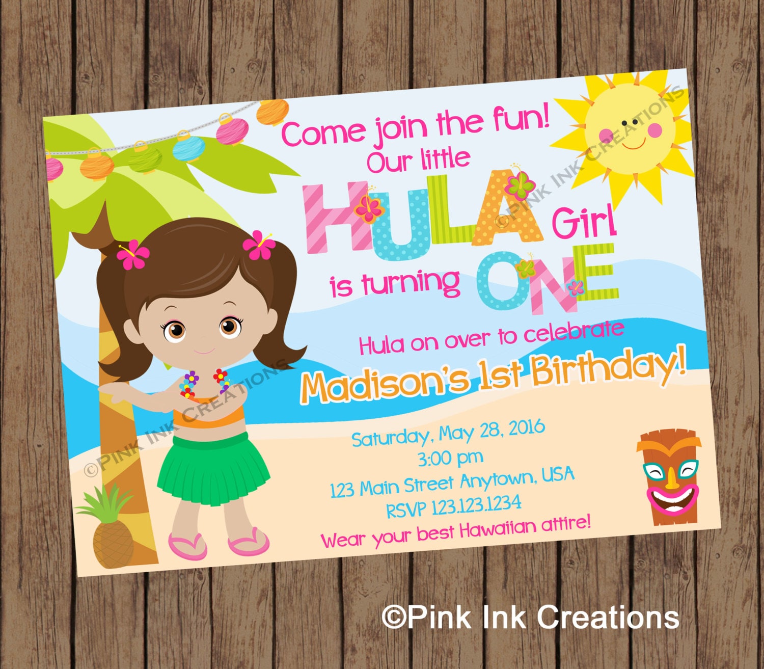 HULA GIRL Birthday Invitation / Hawaiian Birthday Invitation