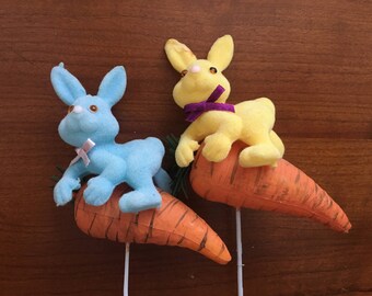 Two Flocked Easter Bunny With Carrot Floral Picks
