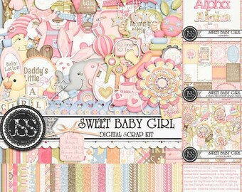 On Sale 50% Sweet Baby Girl Digital Scrapbook Kit Collection or Bundle for Digital Scrapbooking and Paper Crafting