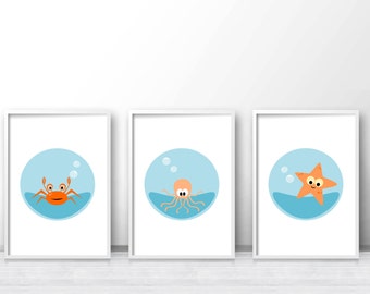 Under The Sea Printable Nursery Art Set, Sea Nursery Prints, Ocean Nursery Wall Art, Printable Kids Wall Art Set Of 3, Baby Wall Art Prints