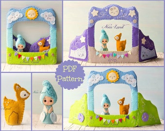 Puppet theatre Sun and Moon and fairy and deer finger puppets. (Pdf Pattern)