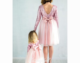 Matching Mommy and Me Pink Mother Daughter Matching Dresses Outfits, Sequin Dresses Mom Baby Party Pink Tutu Dresses, Matching outfits Gift
