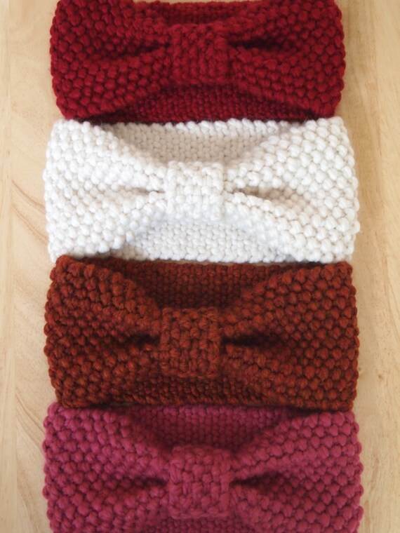 Knit Bow Headwrap Thick Headband Ear Warmer Reversible Wool