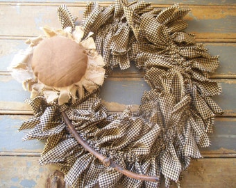 Sunflower, Sunflower Wreath, Rustic Wreath, Rag Wreath, Primitive Sunflower, Primitive Wreath, Rustic Door Wreath, Gingham