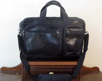 Dads Grads Sale Hartmann Soft Side Briefcase Laptop Carrier In Black Leather & Silver Tone Hardware With Detachable Cross Body Strap - VGC