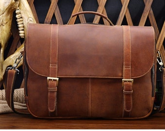 Leather messenger bag satchel crossbody 15 16 14 13 laptop briefcase weekender overnight mens womens genuine travel luggage first layer RH3