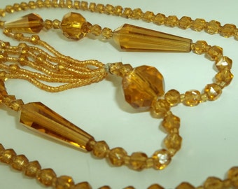 1940's Golden Yellow Cut Glass Lariat Tassel Necklace