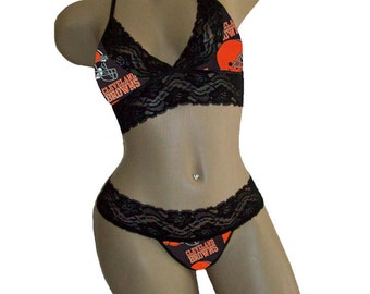Sexy Cleveland Browns NFL Lingerie Black Lace Cami Bralette Style Tie-Top and Matching G-String Panties Thong CUSTOM Sizing