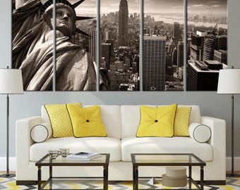 Extra Large Wall Art NEW YORK City Canvas Prints - 5 Panels Gray-Colored Statue of Liberty and Empire State Building, City Skyline Canvas