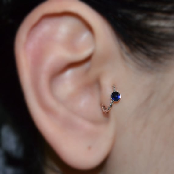 Tragus Earring - Silver Nose Piercing - Helix Ring - Sapphire Tragus Hoop - Daith Piercing - Cartilage Ring - Rook Jewelry - Nose Ring 16g