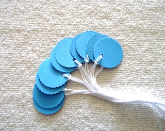 Bright Sky Blue - Cardstock Tags - 1 in. Prestrung Round Scalloped Tags -Free Secondary Shipping