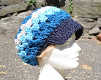 Retro Granny Square Crochet Hat with Brim - Slouch Hat - Blue Women's Hat, Newsboy Hat for Women, Boho Hat - Fall Accessories