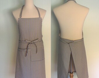 Blue Stripe Canvas Apron with Pocket and Towel Loop, Men's Chef Apron, Restaurant Apron, Server Apron, Blue Ticking Stripe, Adjustable