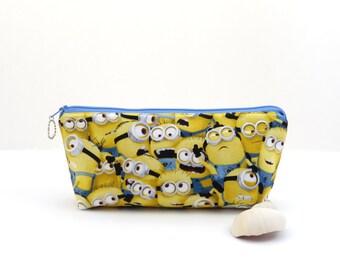SALE - Yellow zipper bag, cartoon character zipper pouch, childrens creature pencil bag, yellow pencil pouch, fun zipper pouch