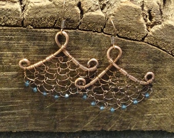 Lacy Netted Copper Wire London Blue Quartz Earrings