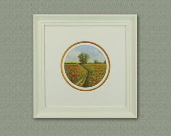 Original Pastel Painting of Poppy Field,Free shipping