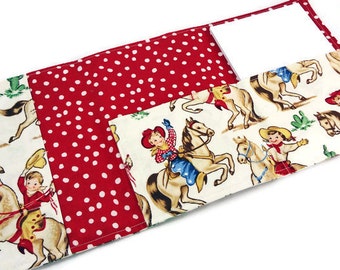 Cowboys poneys boy crayon wallet, small artist sketch case, child coloring case, child art doodle pouch, travel toy crayon roll, horses dots
